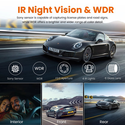 3 Channel Dash Cam, 1080P Front and Rear Inside, Dashcam Three Way Triple Car Camera with IR Night Vision, Loop Recording, G-Sensor, WDR, 24H Parking Monitor, Support 128GB Max